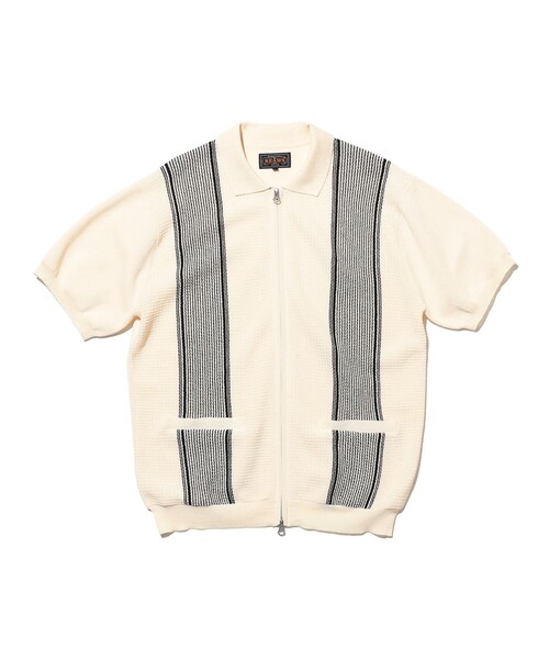 BEAMS PLUS(ビームスプラス)の「Zip Knit Polo Stripe(ポロシャツ・メンズ・オフホワイト/オリーブ/チャコールグレー・SMALL/X-LARGE/MEDIUM/LARGE)」の5枚目の写真