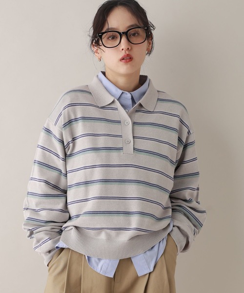 RAGEBLUE（レイジブルー）の「配色ボーダーニットポロ（ニット/セーター・レディース・グレー/ボルドー・FREE）」の2枚目の写真
