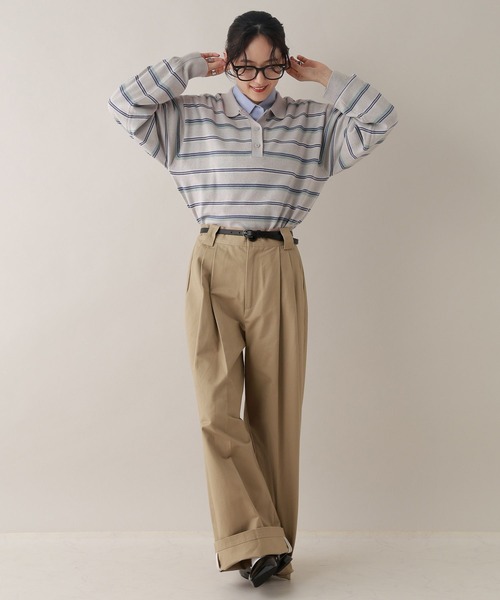 RAGEBLUE（レイジブルー）の「配色ボーダーニットポロ（ニット/セーター・レディース・グレー/ボルドー・FREE）」の8枚目の写真