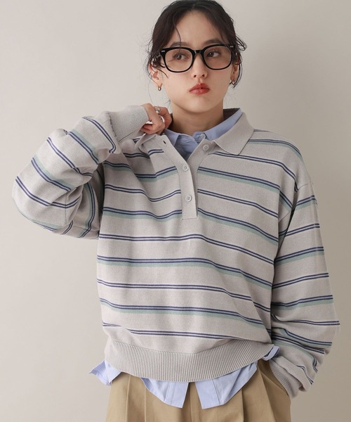 RAGEBLUE（レイジブルー）の「配色ボーダーニットポロ（ニット/セーター・レディース・グレー/ボルドー・FREE）」の3枚目の写真