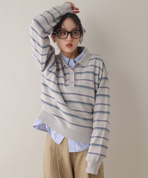 RAGEBLUE（レイジブルー）の「配色ボーダーニットポロ（ニット/セーター・レディース・グレー/ボルドー・FREE）」の4枚目の写真