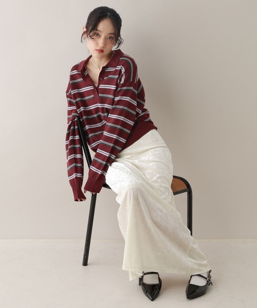 RAGEBLUE（レイジブルー）の「配色ボーダーニットポロ（ニット/セーター・レディース・グレー/ボルドー・FREE）」の12枚目の写真
