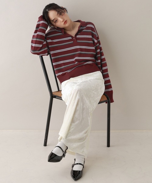 RAGEBLUE（レイジブルー）の「配色ボーダーニットポロ（ニット/セーター・レディース・グレー/ボルドー・FREE）」の13枚目の写真