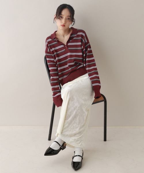 RAGEBLUE（レイジブルー）の「配色ボーダーニットポロ（ニット/セーター・レディース・グレー/ボルドー・FREE）」の14枚目の写真