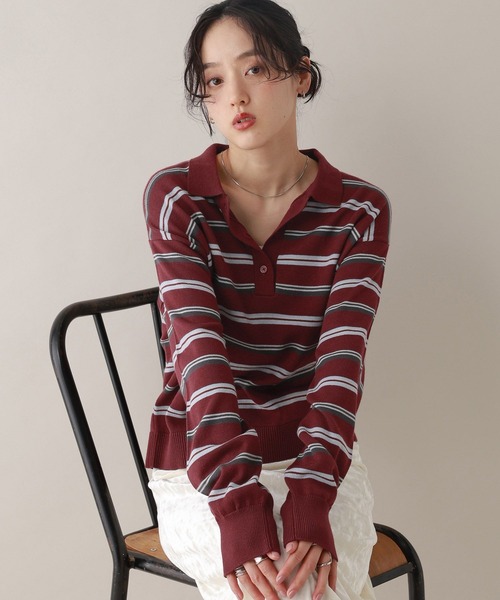 RAGEBLUE（レイジブルー）の「配色ボーダーニットポロ（ニット/セーター・レディース・グレー/ボルドー・FREE）」の15枚目の写真