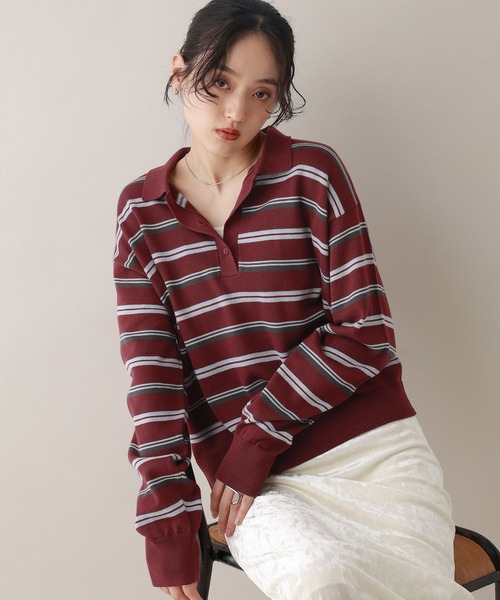 RAGEBLUE（レイジブルー）の「配色ボーダーニットポロ（ニット/セーター・レディース・グレー/ボルドー・FREE）」の16枚目の写真