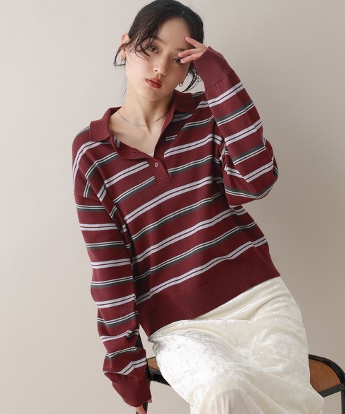 RAGEBLUE（レイジブルー）の「配色ボーダーニットポロ（ニット/セーター・レディース・グレー/ボルドー・FREE）」の17枚目の写真