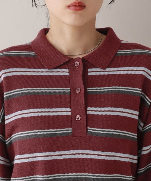 RAGEBLUE（レイジブルー）の「配色ボーダーニットポロ（ニット/セーター・レディース・グレー/ボルドー・FREE）」の21枚目の写真