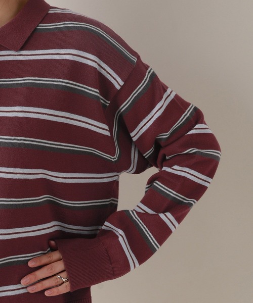 RAGEBLUE（レイジブルー）の「配色ボーダーニットポロ（ニット/セーター・レディース・グレー/ボルドー・FREE）」の22枚目の写真