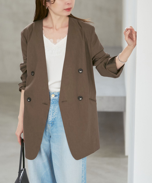 Noble（ノーブル）の「麻ストレッチVカラージャケット（ノーカラージャケット・レディース・チャコールグレー/ブラウン/ベージュ系その他・40/38/36/34）」の2枚目の写真