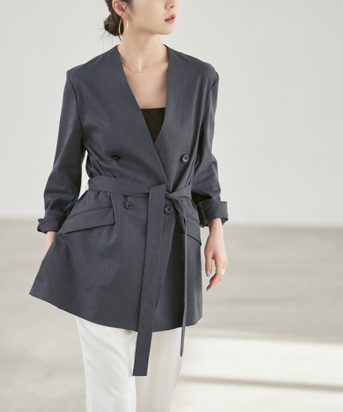 Noble（ノーブル）の「麻ストレッチVカラージャケット（ノーカラージャケット・レディース・チャコールグレー/ブラウン/ベージュ系その他・40/38/36/34）」の4枚目の写真