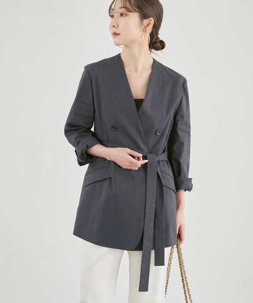 Noble（ノーブル）の「麻ストレッチVカラージャケット（ノーカラージャケット・レディース・チャコールグレー/ブラウン/ベージュ系その他・40/38/36/34）」の9枚目の写真