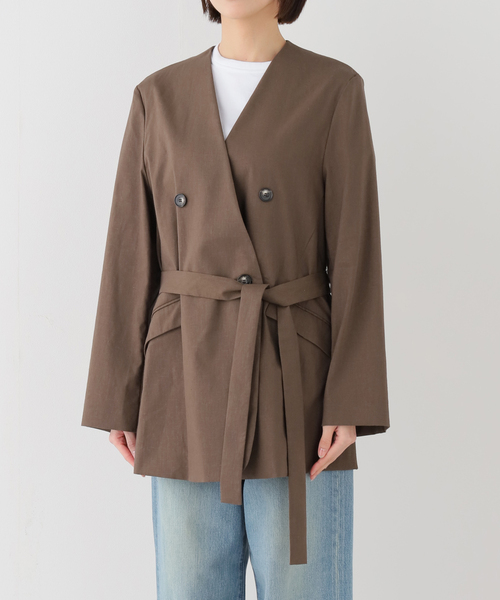 iiROT ミドルスリーブジャケット ブラウン 春アウター ノーカラー 入手困難 セットアップ対応》麻ストレッチVカラージャケット（ノーカラー