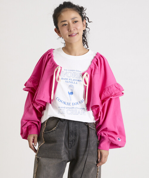 Champion(チャンピオン)の「Champion×Freada/チャンピオン ギャザー×フリル ジップショートボレロ(カーディガン/ボレロ・レディース・ピンク/グレー/ブラック・ONE SIZE)」の16枚目の写真