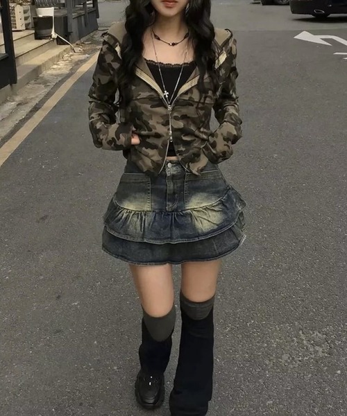 CANVAS+（キャンバスプラス）の「【CANVAS＋】クロップド丈迷彩柄ダブルジップパーカー（パーカー・レディース・カーキ・M）」の8枚目の写真