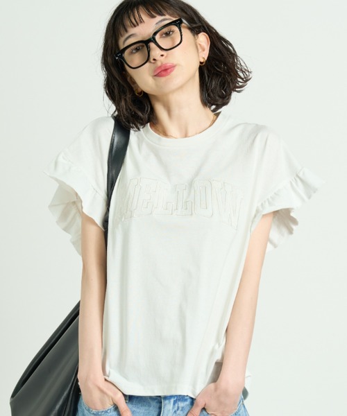 セール】フリルスリーブ ロゴ刺繍 半袖Tシャツ（Tシャツ/カットソー