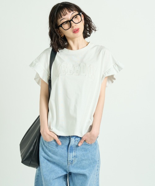 セール】フリルスリーブ ロゴ刺繍 半袖Tシャツ（Tシャツ/カットソー