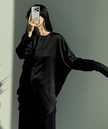 over size no collar mannish satin shirt