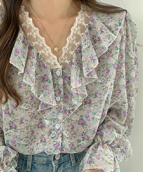 SallyLunn(サリーラン)の「フラワーフリルカラーブラウス(シャツ/ブラウス・レディース・ブルー/オレンジ/ピンク・MEDIUM/LARGE)」の5枚目の写真