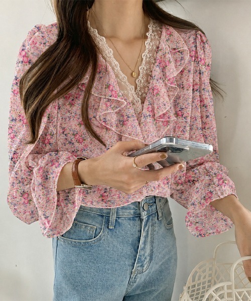 SallyLunn(サリーラン)の「フラワーフリルカラーブラウス(シャツ/ブラウス・レディース・ブルー/オレンジ/ピンク・MEDIUM/LARGE)」の12枚目の写真