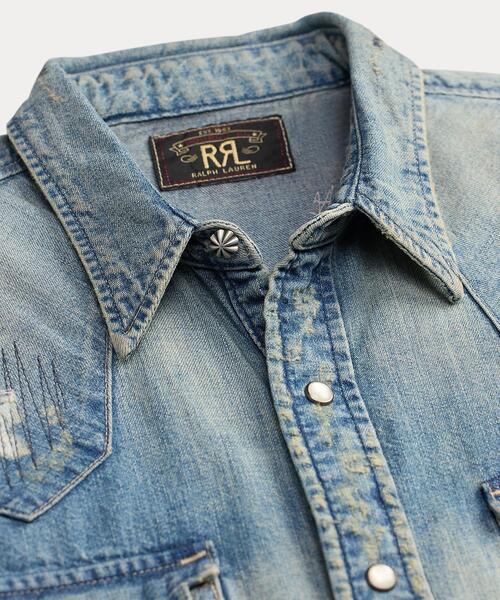 RRL（ダブル アール エル）の「スリム フィット リペアード デニム ウエスタン シャツ（シャツ/ブラウス・メンズ・ブルー・XXL/XS/XL/S/M/L）」の7枚目の写真