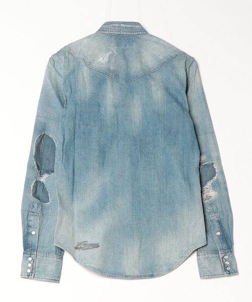 RRL（ダブル アール エル）の「スリム フィット リペアード デニム ウエスタン シャツ（シャツ/ブラウス・メンズ・ブルー・XXL/XS/XL/S/M/L）」の2枚目の写真