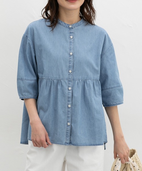 Honeys（ハニーズ）の「【ハニさら・接触冷感】クール６分デニムブラウス（シャツ/ブラウス・レディース・ダークグレー/ライトインディゴブルー/ライトブルー・L/LL/M/S）」の2枚目の写真
