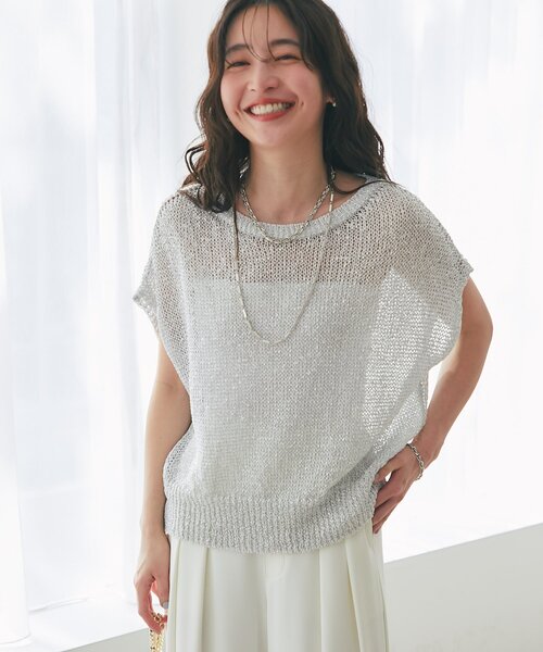 La boutique BonBon(ラブティックボンボン)の「【再予約決定!】ラメ天竺針抜きフレンチニット(ニット/セーター・レディース・チャコールグレー/ピンク/サックスブルー/シルバー・FREE)」の8枚目の写真
