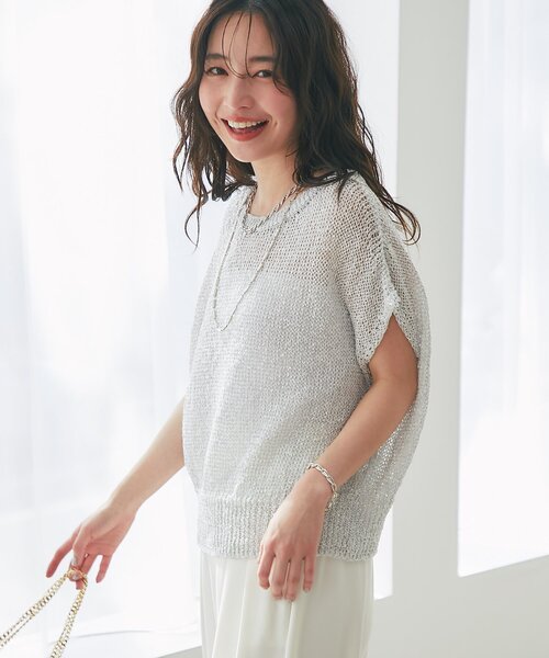 La boutique BonBon(ラブティックボンボン)の「【再予約決定!】ラメ天竺針抜きフレンチニット(ニット/セーター・レディース・チャコールグレー/ピンク/サックスブルー/シルバー・FREE)」の7枚目の写真