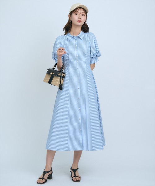 AND COUTURE（アンドクチュール）の「ボリュームスリーブストライプワンピース（ワンピース・レディース・ホワイト/サックスブルー/ブルー・FREE）」の6枚目の写真
