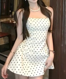 おしゃれスタ（オシャレスタ）の「ドット柄ミニ丈キャミワンピース（ワンピース）」