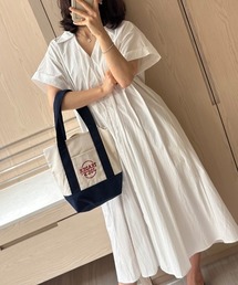 Vネックワンピース 半袖 ウエストベルト付き ミモレ丈