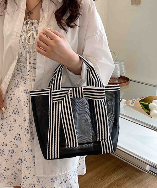 Mignonjour(ミニョンジュール)の「FReePLACe/ストライプリボン メッシュバッグ X12857(ハンドバッグ・レディース・その他2/その他1/その他3・MEDIUM/SMALL/LARGE)」の1枚目の写真