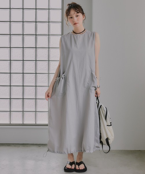 210nouve(トゥージュヌーブ)の「ナイロン ワッシャー ドロスト ワンピース(ワンピース・レディース・ライトグレー/ブラック/カーキ・FREE)」の4枚目の写真