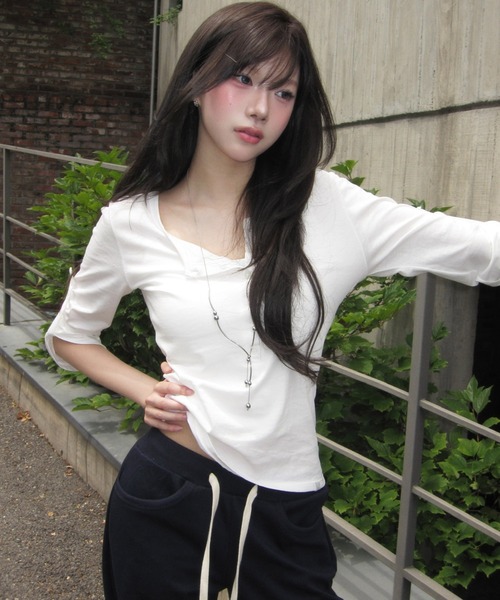 modimood（モディムード）の「[MADE] ラインロールアップ七分袖Tシャツ（Tシャツ/カットソー・レディース・ピンク/ホワイト/スカイブルー/チャコール・FREE）」の7枚目の写真