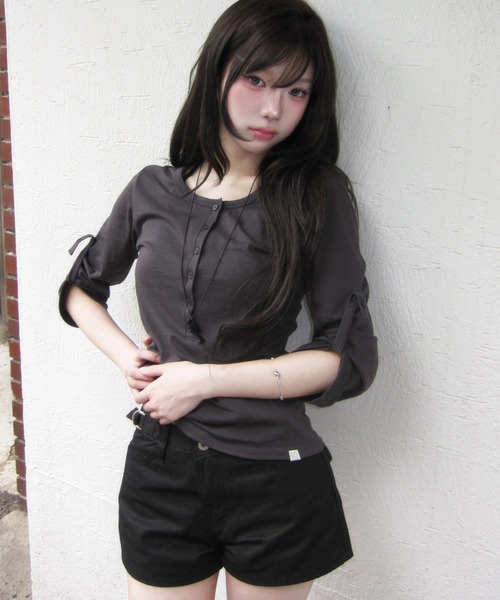 modimood（モディムード）の「[MADE] ラインロールアップ七分袖Tシャツ（Tシャツ/カットソー・レディース・ピンク/ホワイト/スカイブルー/チャコール・FREE）」の19枚目の写真