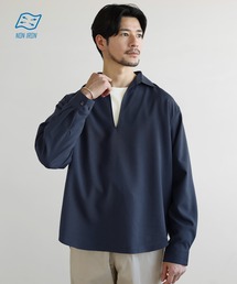 【防シワ】キーネック長袖プルオーバーシャツ