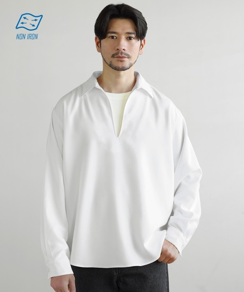 SPU(スプ)の「【防シワ】キーネック長袖プルオーバーシャツ(シャツ/ブラウス・メンズ・グレー/ホワイト/ブラック/ネイビー/チャコール・S/XL/M/L)」の1枚目の写真