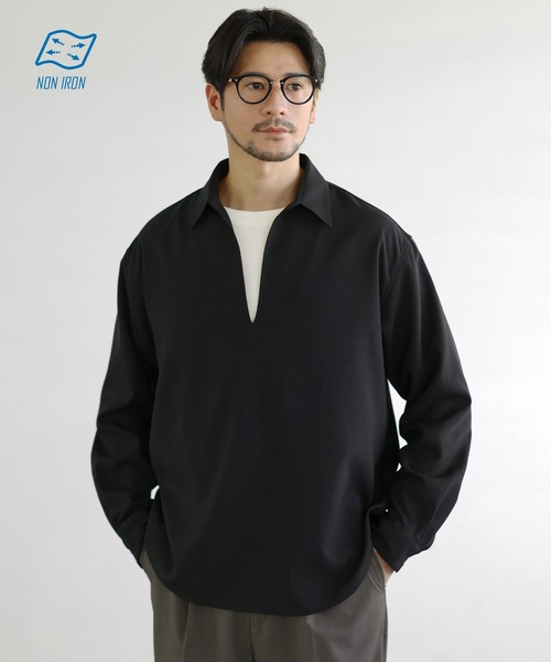 SPU(スプ)の「【防シワ】キーネック長袖プルオーバーシャツ(シャツ/ブラウス・メンズ・グレー/ホワイト/ブラック/ネイビー/チャコール・S/XL/M/L)」の2枚目の写真