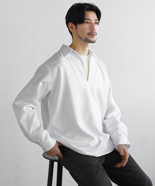 SPU(スプ)の「【防シワ】キーネック長袖プルオーバーシャツ(シャツ/ブラウス・メンズ・グレー/ホワイト/ブラック/ネイビー/チャコール・S/XL/M/L)」の7枚目の写真