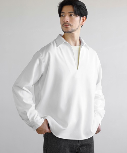 SPU(スプ)の「【防シワ】キーネック長袖プルオーバーシャツ(シャツ/ブラウス・メンズ・グレー/ホワイト/ブラック/ネイビー/チャコール・S/XL/M/L)」の6枚目の写真