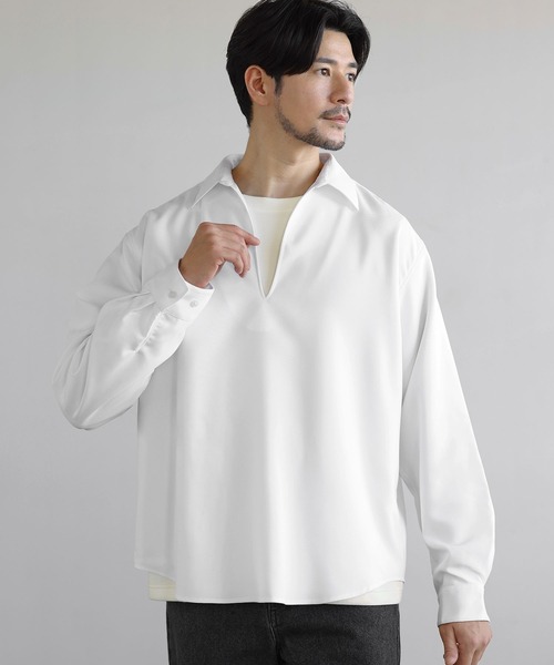 SPU(スプ)の「【防シワ】キーネック長袖プルオーバーシャツ(シャツ/ブラウス・メンズ・グレー/ホワイト/ブラック/ネイビー/チャコール・S/XL/M/L)」の9枚目の写真