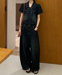 デニム襟付きトップスワイドパンツセットアップ