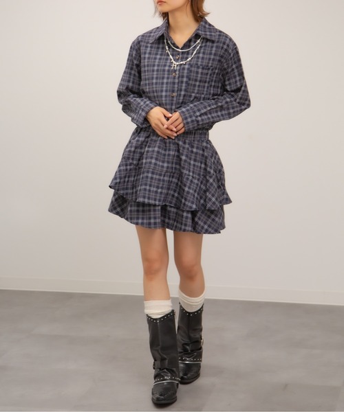 Chiina(チーナ)の「【Chiina】チェック柄プリーツミニシャツワンピース(Tシャツ/カットソー・レディース・イエロー/レッド/ネイビー・FREE)」の5枚目の写真