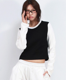COLOR-BLOCK SEMI-CROP LONG SLEEVE TEE - Black&White