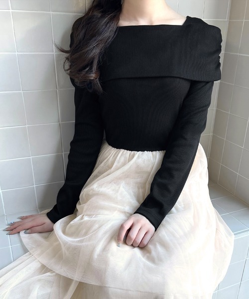 junoah(ジュノア)の「オフショル風チュールドッキングワンピース(ワンピース・レディース・ブラウン/ブラック/ダークブラウン・LARGE/MEDIUM/SMALL)」の7枚目の写真