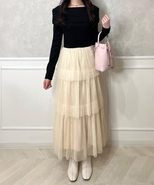 junoah(ジュノア)の「オフショル風チュールドッキングワンピース(ワンピース・レディース・ブラウン/ブラック/ダークブラウン・LARGE/MEDIUM/SMALL)」の9枚目の写真