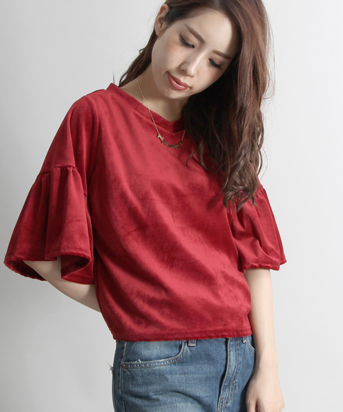 WEGO（ウィゴー）の「WEGO/ベロアVネック2WAYフリル7分袖Tシャツ（Tシャツ/カットソー・レディース・ブラック/ワイン/ネイビー・FREE）」の3枚目の写真