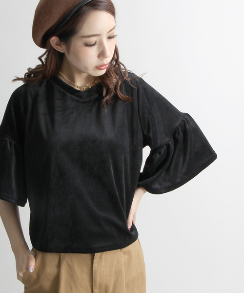 WEGO（ウィゴー）の「WEGO/ベロアVネック2WAYフリル7分袖Tシャツ（Tシャツ/カットソー・レディース・ブラック/ワイン/ネイビー・FREE）」の2枚目の写真