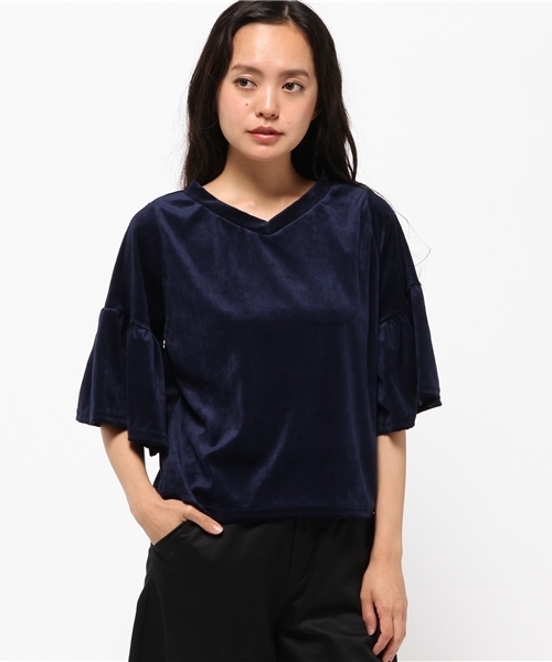 WEGO（ウィゴー）の「WEGO/ベロアVネック2WAYフリル7分袖Tシャツ（Tシャツ/カットソー・レディース・ブラック/ワイン/ネイビー・FREE）」の12枚目の写真